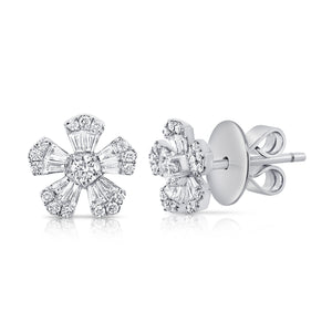 14k Gold & Diamond Baguette Flower Stud Earrings