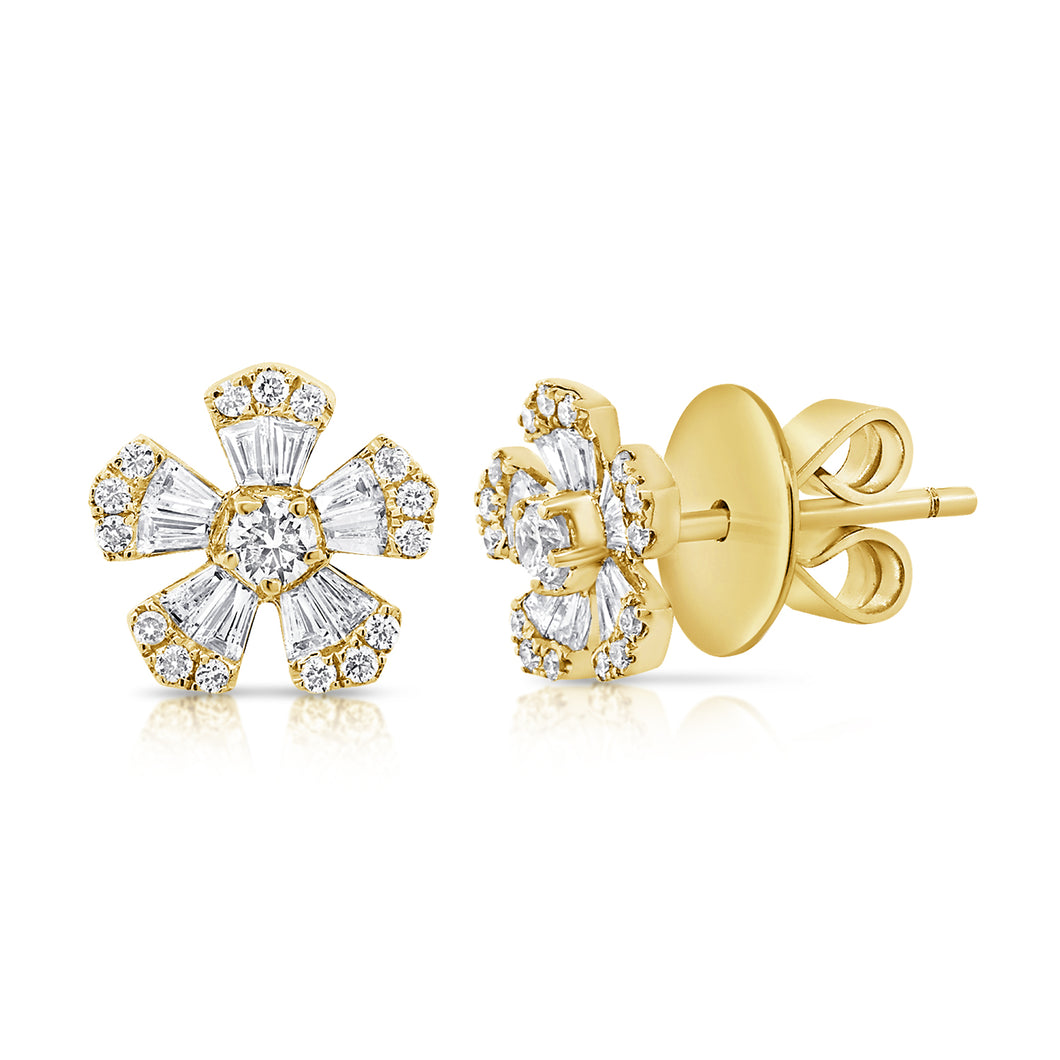 14k Gold & Diamond Baguette Flower Stud Earrings