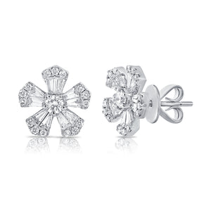 14k Gold & Diamond Baguette Flower Stud Earrings
