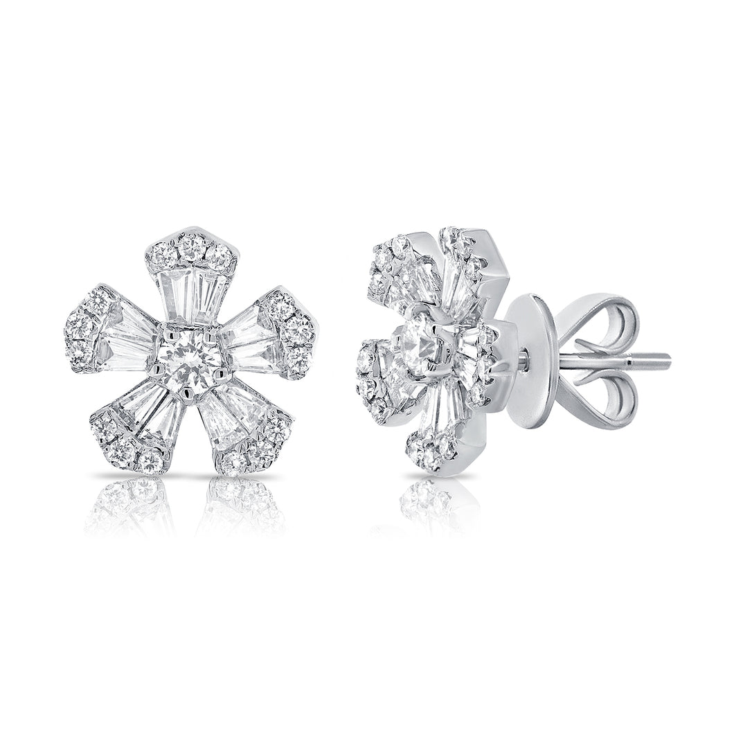 14k Gold & Diamond Baguette Flower Stud Earrings