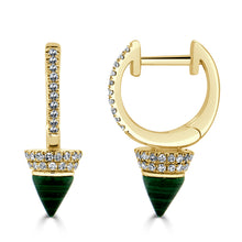 Load image into Gallery viewer, 14k Gold Malachite &amp; Diamond Spike Drop Huggie Earrings