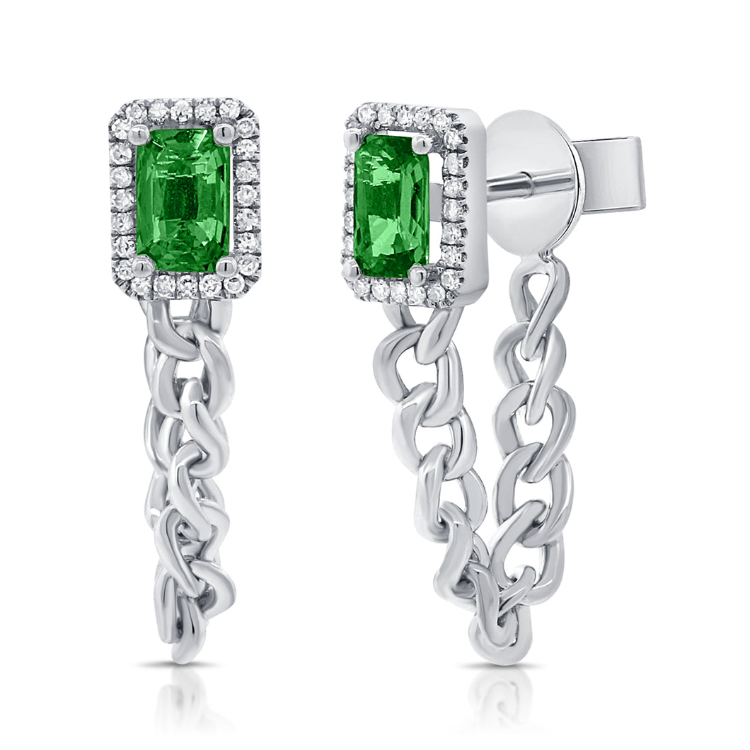 14K Gold Emerald & Diamond Chain Dangle Earring