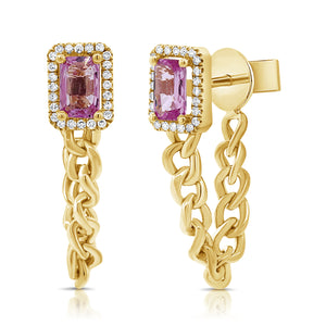 14K Gold Pink Sapphire & Diamond Chain Earring
