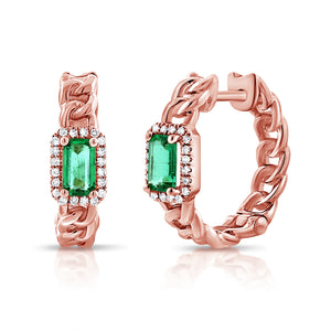 14K Gold Green Emerald & Diamond Huggie Earrings