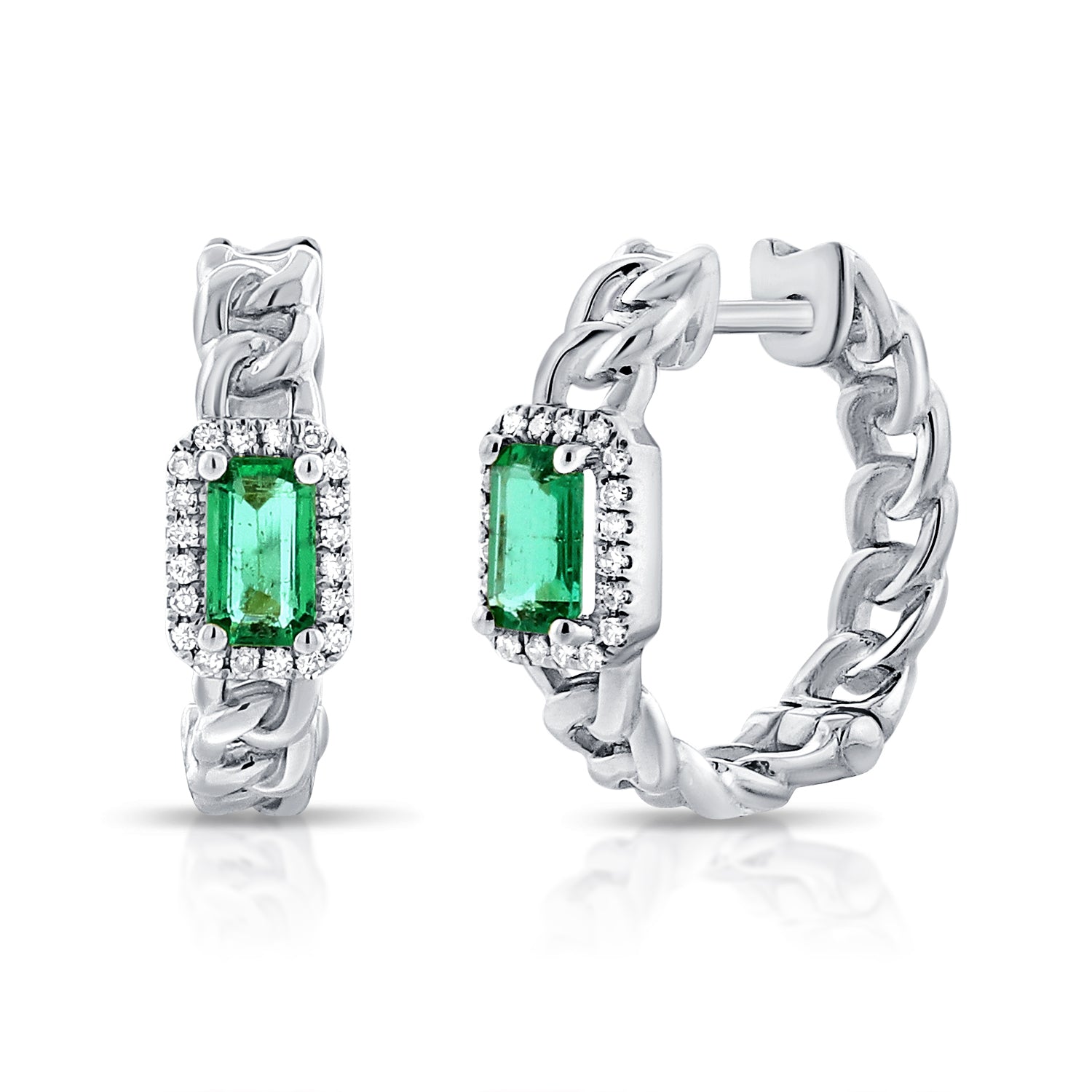 14K Gold Green Emerald & Diamond Huggie Earrings - 0.17 CT