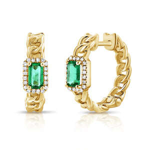14K Gold Green Emerald & Diamond Huggie Earrings