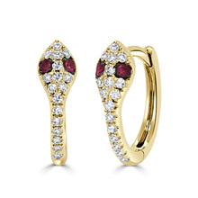 Load image into Gallery viewer, 14K Gold Diamond &amp; Ruby Snake Huggie Earrings