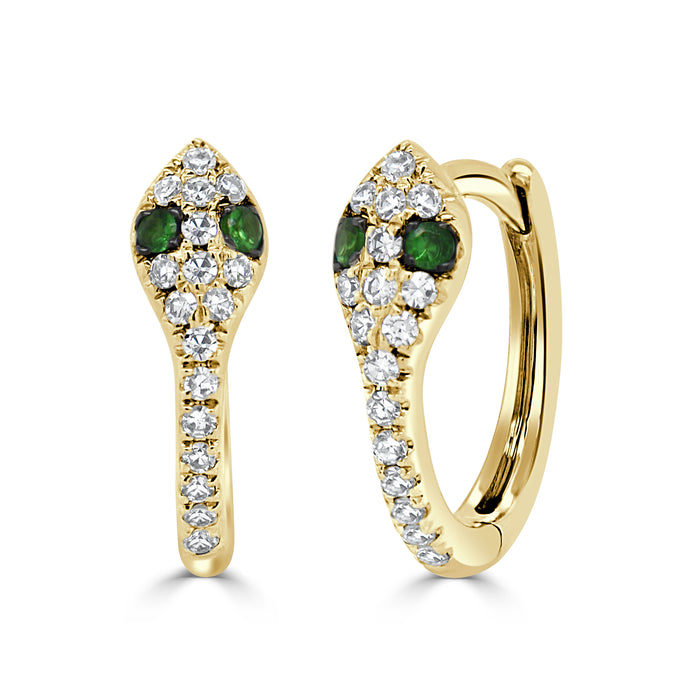 14K Gold Diamond & Tsavorite Snake  Huggie Earrings