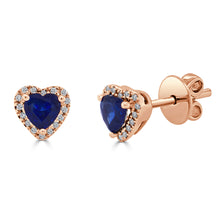Load image into Gallery viewer, 14k Gold, Diamond &amp; Blue Sapphire Heart Studs