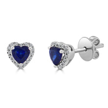 Load image into Gallery viewer, 14k Gold, Diamond &amp; Blue Sapphire Heart Studs