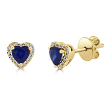 Load image into Gallery viewer, 14k Gold, Diamond &amp; Blue Sapphire Heart Studs