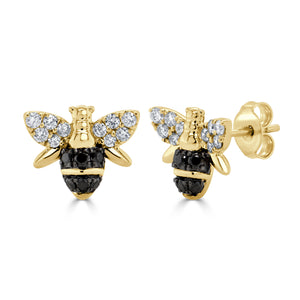 14k Gold Black & White Diamond Bumble Bee Stud Earring
