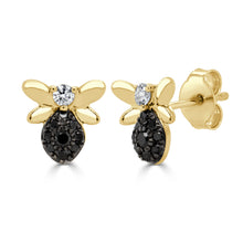 Load image into Gallery viewer, 14k Gold Black &amp; White Diamond Bumble Bee Stud Earrings