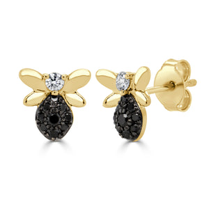 14k Gold Black & White Diamond Bumble Bee Stud Earrings