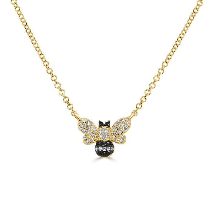 14K Gold Diamond & Black Diamond Bumble Bee Necklace