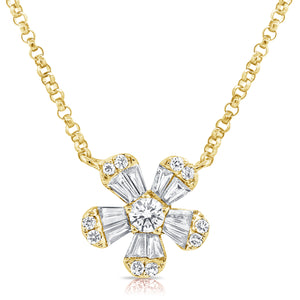 14k Gold & Diamond Baguette Flower Necklace