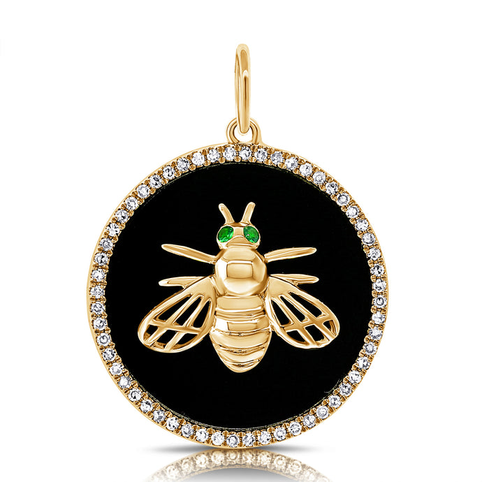 14k Gold Black Agate & Diamond Dragon Fly Disc Charm