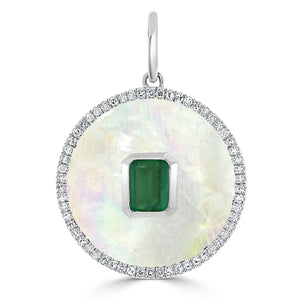 14k Gold Mother of Pearl, Green Emerald & Diamond Circle Charm
