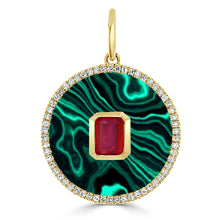 Load image into Gallery viewer, 14k Gold Malachite, Ruby &amp; Diamond Disc Charm