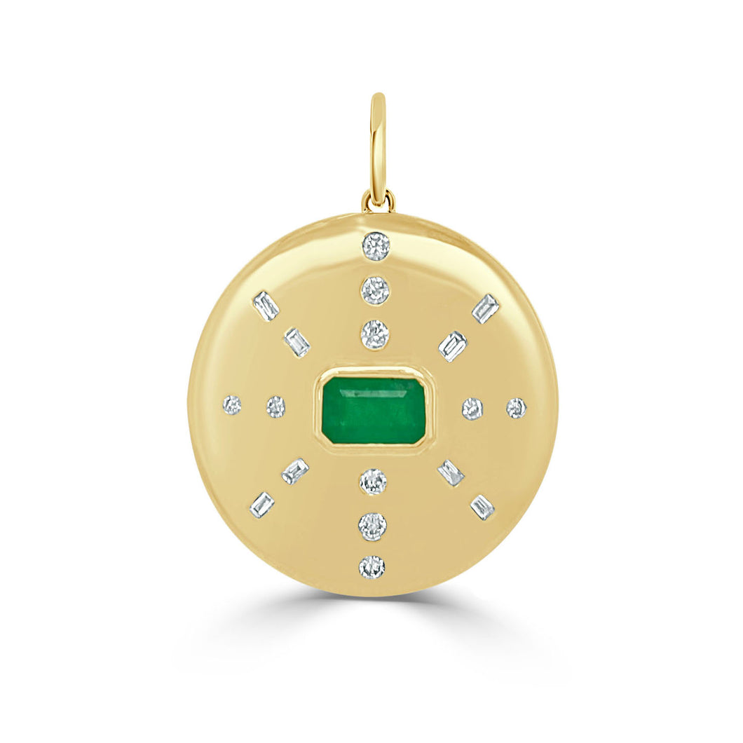 14k Gold Green Emerald & Diamond Disc Charm