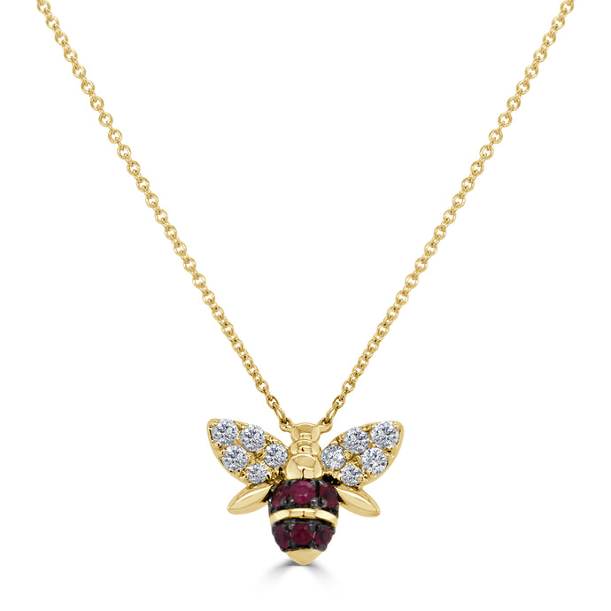 14k Gold Ruby & Diamond Bumble Bee Necklace