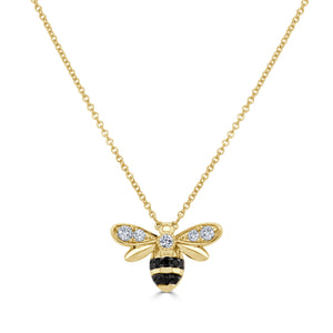 14K Gold Black & White Diamond Bumble Bee Necklace