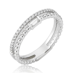 18k Gold & Baguette Diamond Beaded Double Row Ring