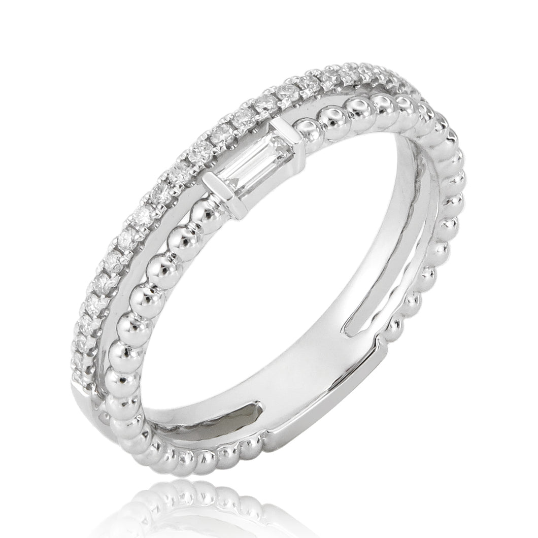 18k Gold & Baguette Diamond Beaded Double Row Ring