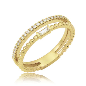 18k Gold & Baguette Diamond Beaded Double Row Ring