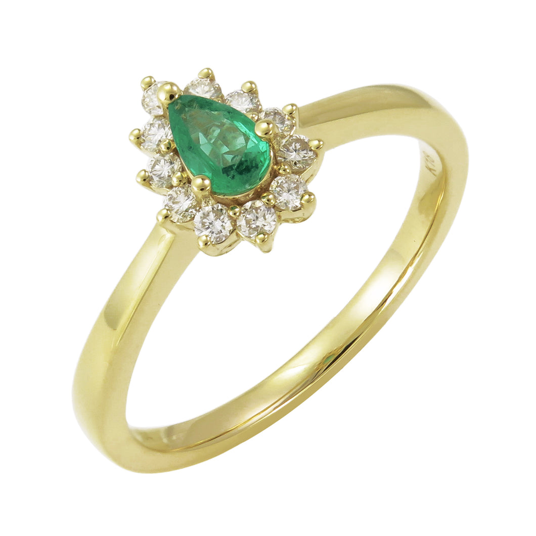 18k Gold Pear-Shape Green Emerald & Diamond Ring