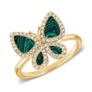 14K Gold, Diamond & Malachite Butterfly Diamond Ring