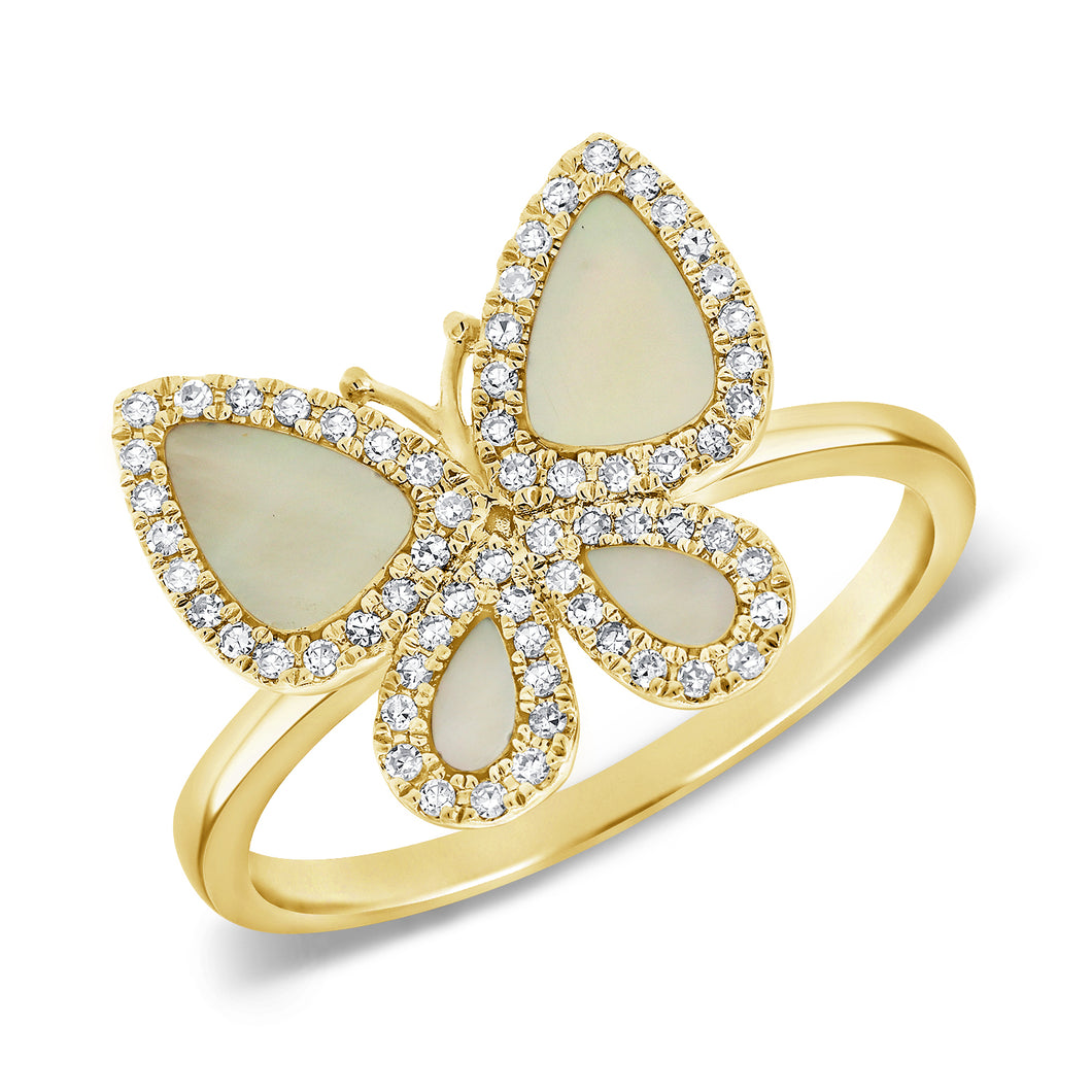14K Gold, Diamond & Mother of Pearl Butterfly Ring