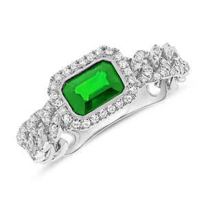14k Gold Green Emerald & Diamond Link Ring