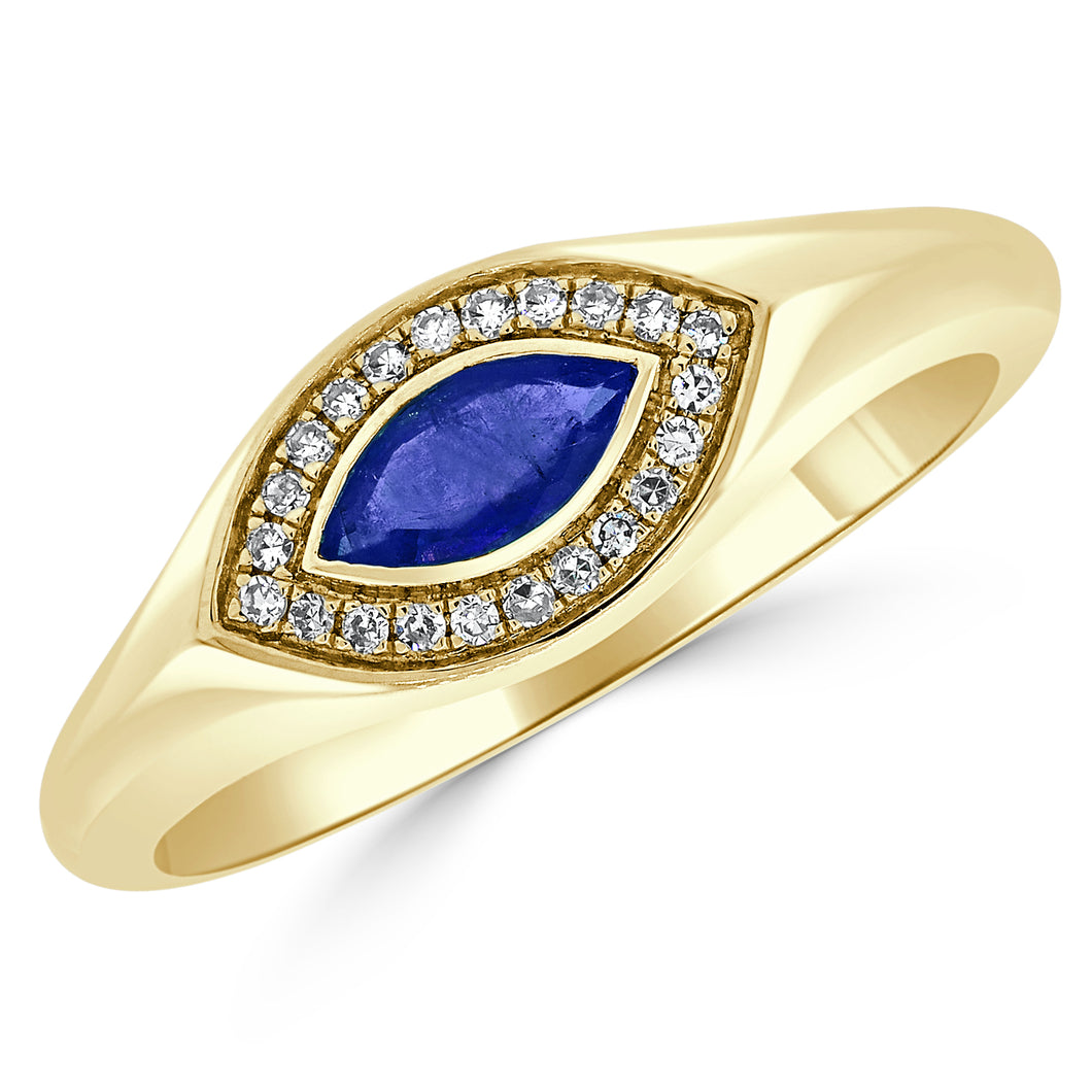 14k Gold Diamond & Sapphire Evil Eye Signet Ring