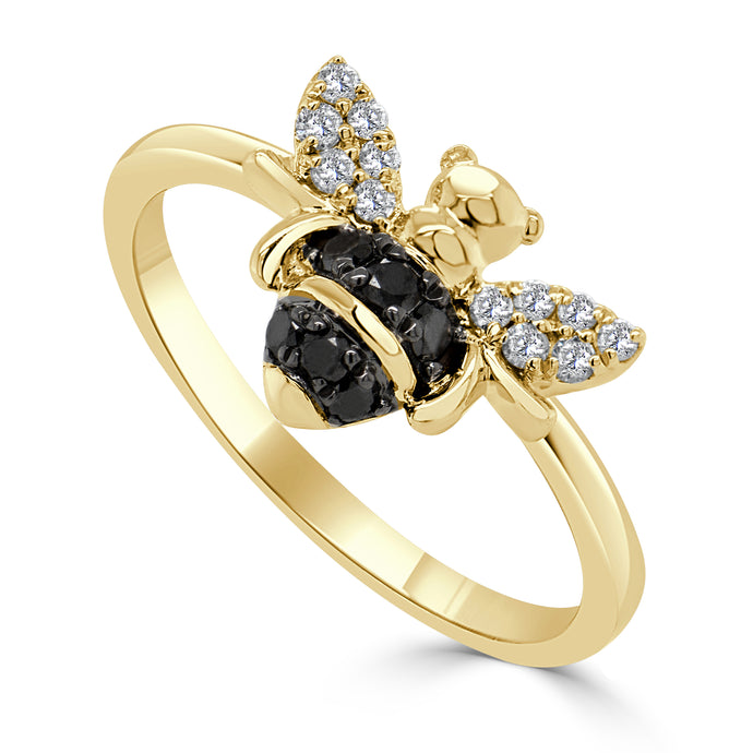 14k Gold Black & White Diamond Bumble Bee Ring